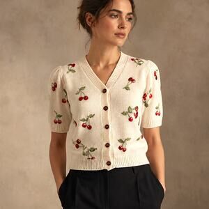 Vintage Marisa Christina Classics Cherry Knit Cardigan Cream Short Sleeve L